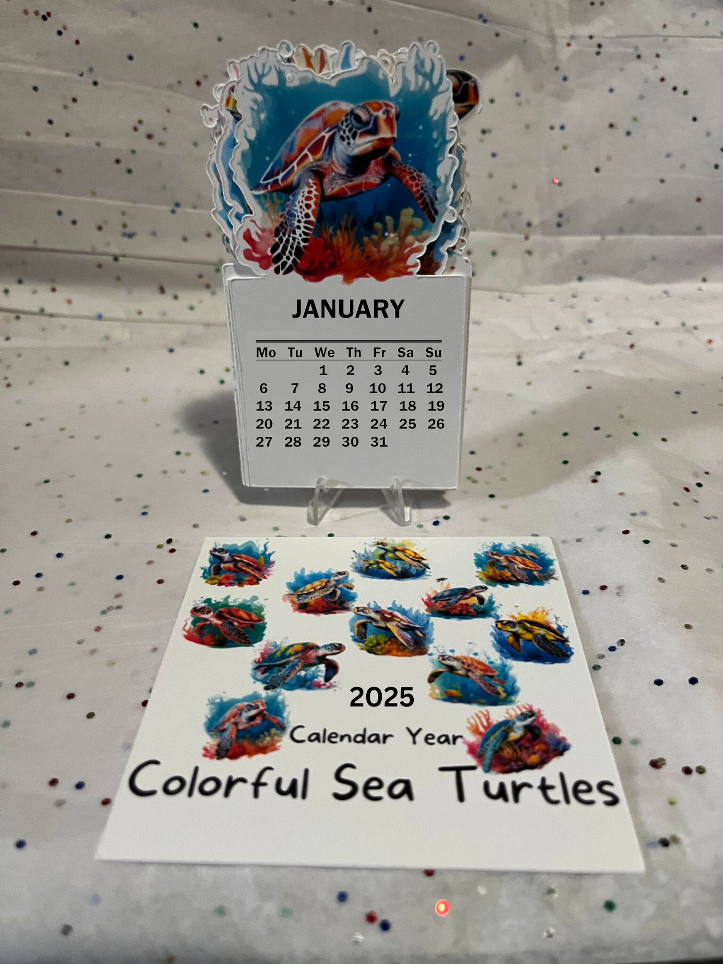 Colorful Sea Turtle die cut desk calendar 2025 W/ Stand
