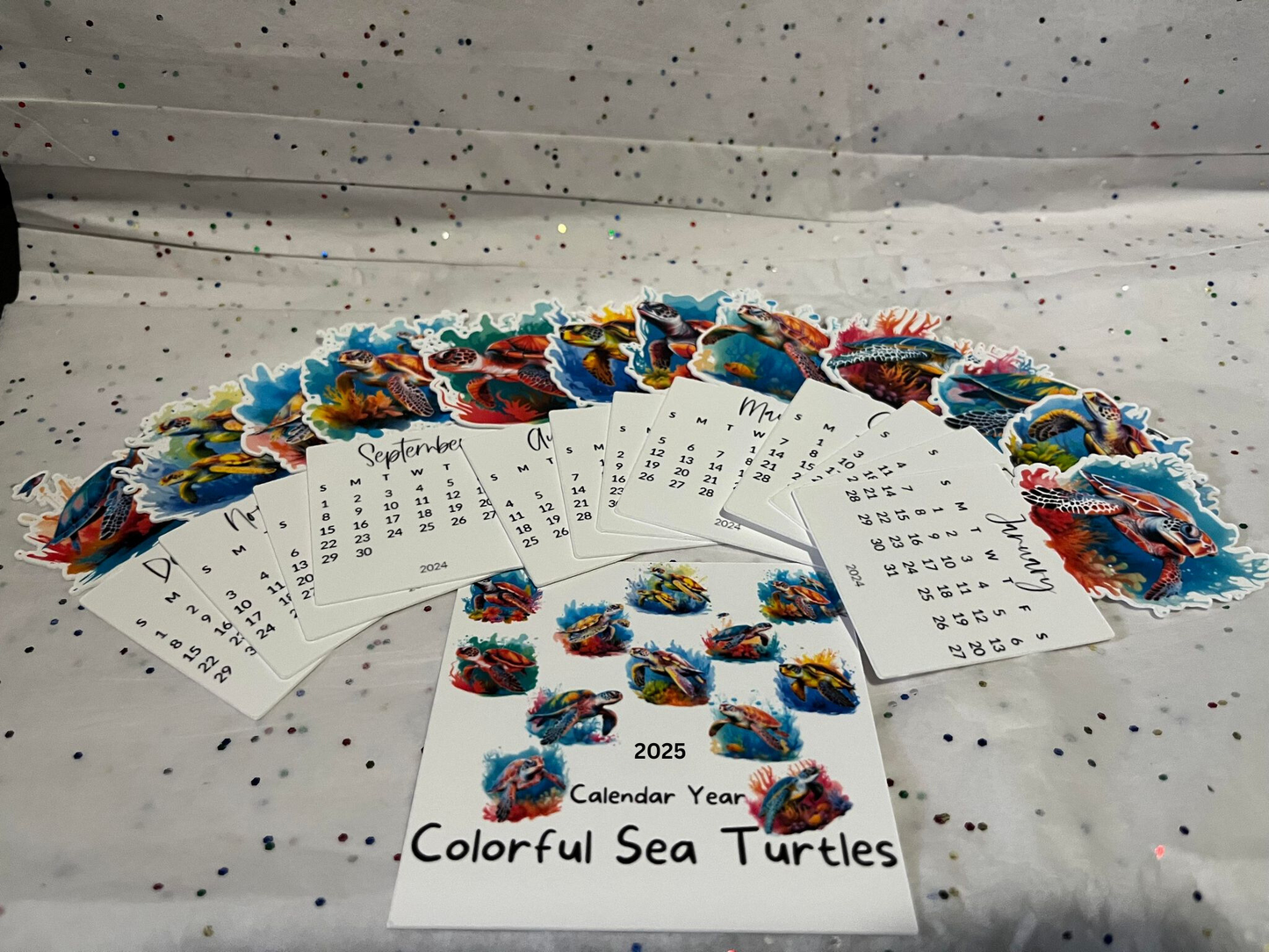 Colorful Sea Turtle die cut desk calendar 2025 W/ Stand