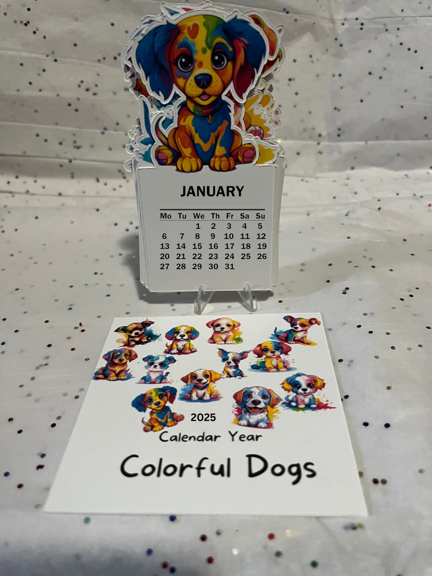 Colorful Dog die cut desk calendar 2025 W/ Stand