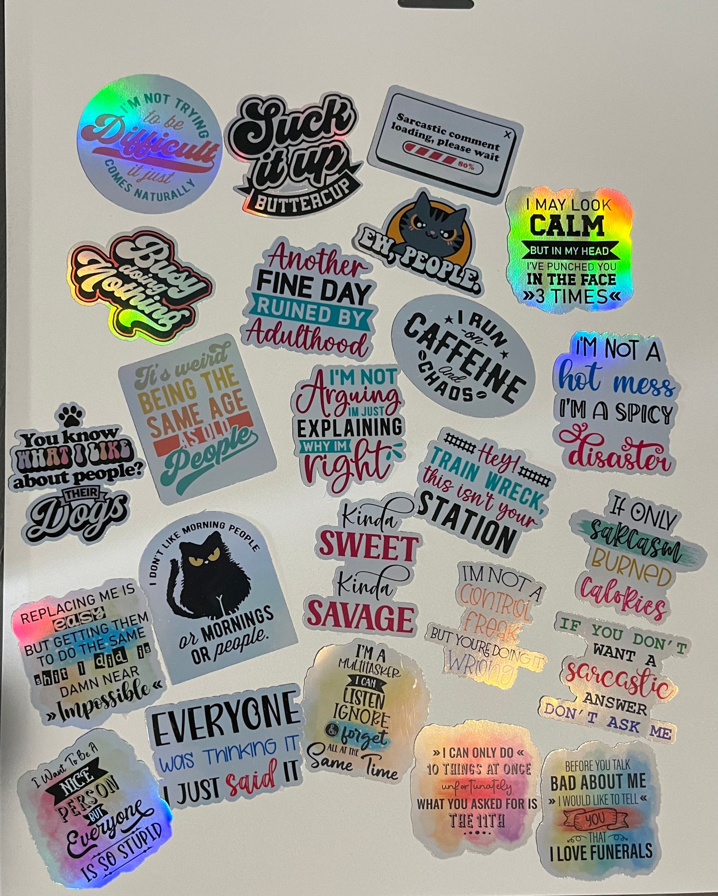 Sarcastic stickers set of 24 on holographic background