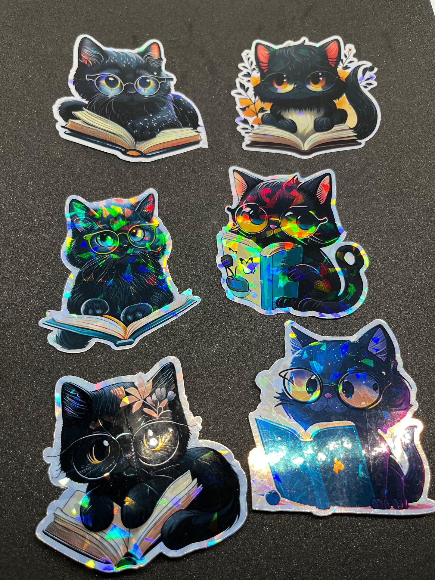 Black reading cat stickers- set of 6
